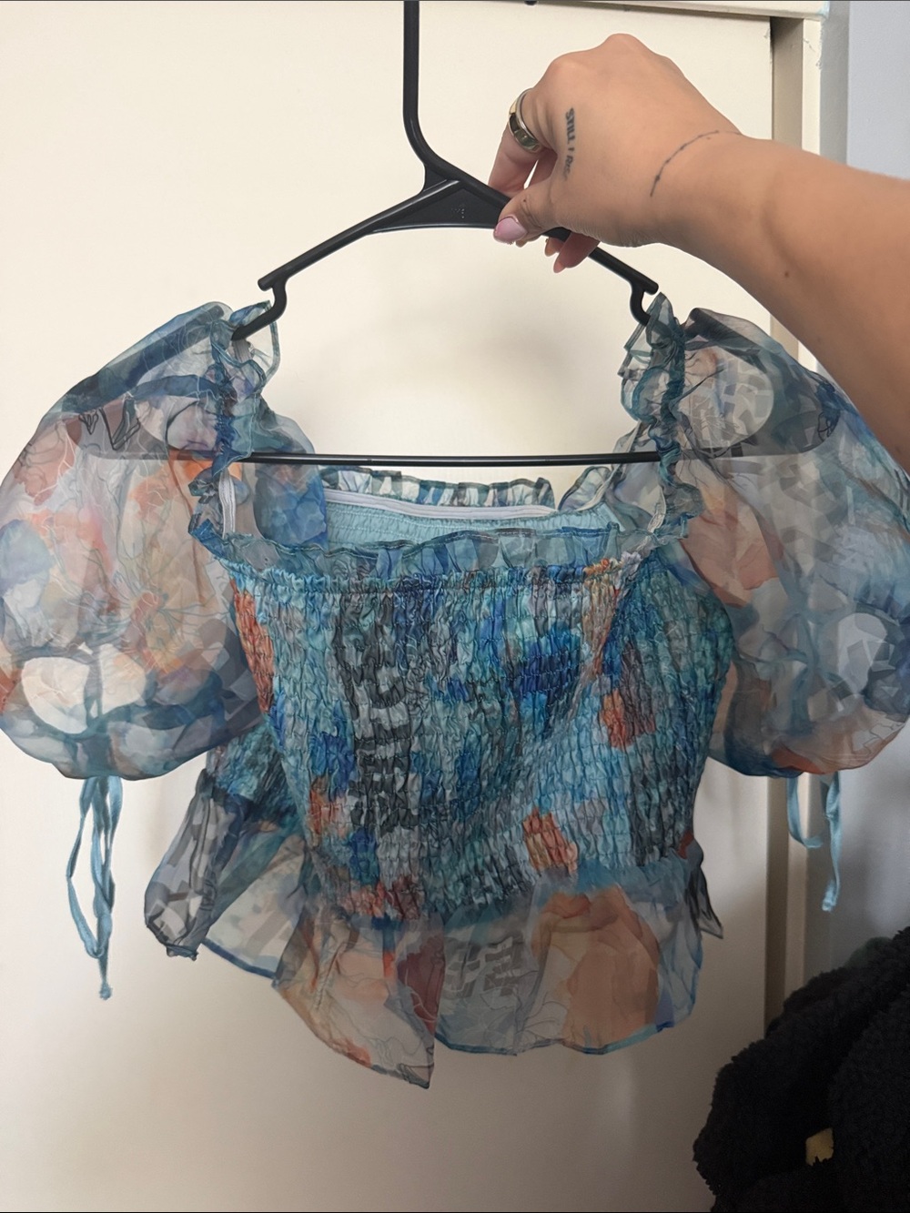 Smocked Sheer Puff-Sleeve Crop Top in Blue Floral - Picture 1 of 1